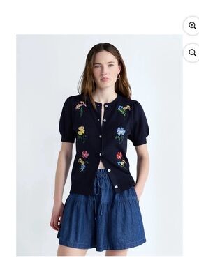 Navy Floral Embroidered Short-Sleeve Cardigan